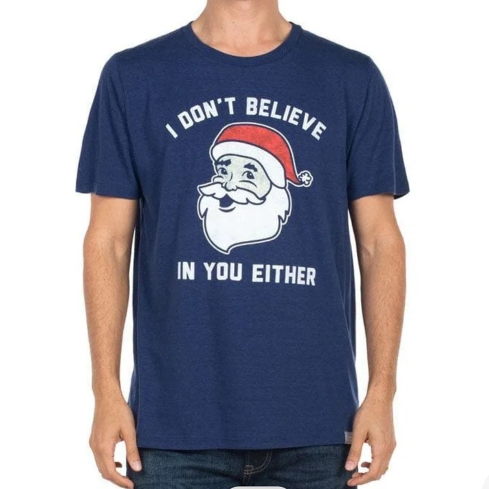Tipsy Elves Navy Santa Graphic Tee “I don’t believe in you either” Christmas Tee